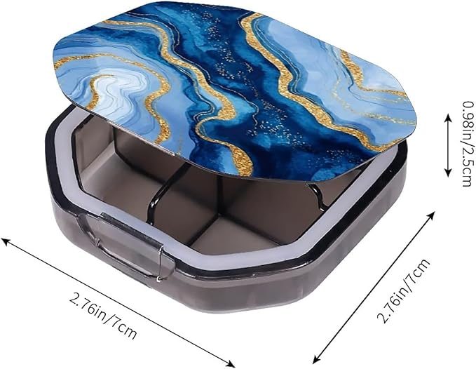 This Portable Watercolor Gold and Blue Marble Pattern 4-Compartment Pillbox Can Be Placed in A Pocket Or Wallet to Store Vitamins, Medicines Fish Oil Health Supplements Other Medications.