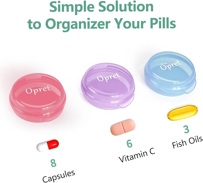 Opret Small Pill Box (3 Pcs), Cute Pill Case Portable for Pocket Purse Briefcase Travel Pills Box Medicine Storage Container Earplug Case (Rose&Blue&Purple)