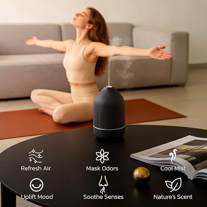 Essential Oil Diffuser, 100ml Aromatherapy Diffuser, Mini Ultrasonic Diffuser for Essential Oil, Home, Office, Cool Mist Humidifier with 7 Led Light, Auto Shut-Off, Black