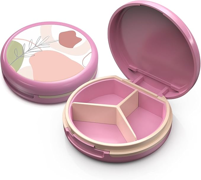 Serfeymi Small Pill Case for Purse, Unique Artistic Patterns Travel Pill Box with 3 Compartments, Portable Mini Pill Organizer for Pocket, Decorative Pill Container for Purse - Pink(Rose)