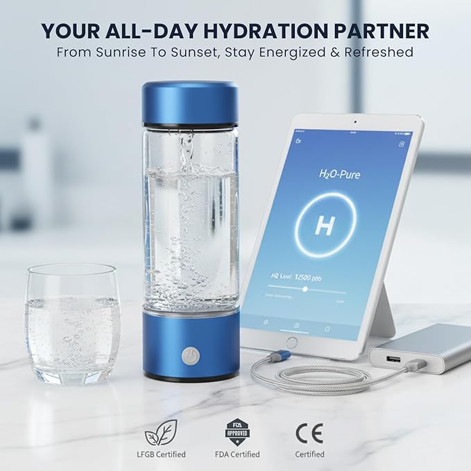 Hydrogen Water Bottle, Portable & Rechargeable – Molecular Hydrogen Water Generator, Alkaline Ionizer, Hydrogenated Water Purifier for Health & Fitness with Hydrogen-Rich Water Blue