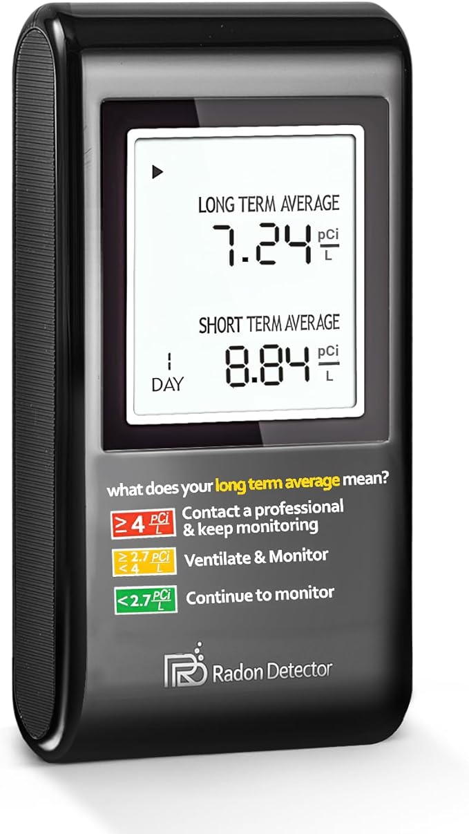 Home Radon Detector with Bracket，Portable Radon Test Kit for Home with Long and Short Term Radon Monitoring, Lightweight, Easy-to-Use, AAA Battery-Powered USA Version, PCi/L, Black