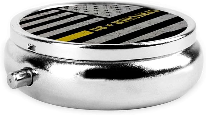 Round Pill Organizer, Portable Travel Pill Case, Purse Pill Box Hold for Pills, Jewelry, Beads, Paper Clips, Dispatcher Gold Flag Black
