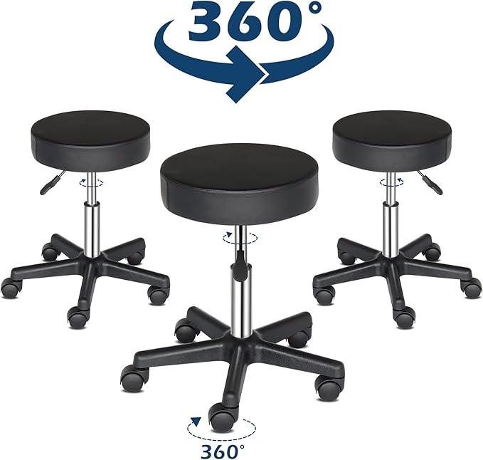 Round Rolling Bar Stool PU Leather with Wheels and Foot Rest, Height Adjustable Task Work Chair for Salon Spa Office Chairs