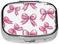 Funny Bow Pill Box with Mirror 2 Compartment Metal Square Small Pill Case for Purse or Pocket Portable Pill Container Holder Travel Medicine Organizer for Vitamin Fish Oil Supplement