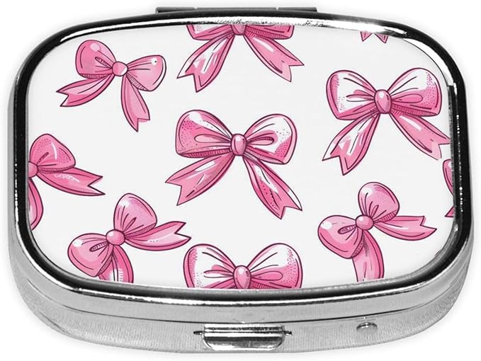 Funny Bow Pill Box with Mirror 2 Compartment Metal Square Small Pill Case for Purse or Pocket Portable Pill Container Holder Travel Medicine Organizer for Vitamin Fish Oil Supplement