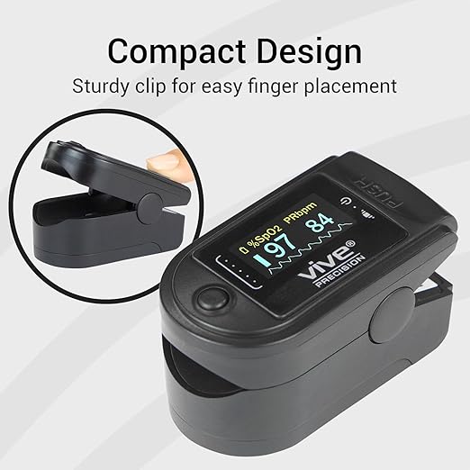 Vive Precision Pulse Oximeter - Oxygen Monitor Fingertip, Heart Rate Medical Grade Sensor LED Display - Accurate Finger Meter for Saturation SpO2, Lanyard & Batteries Included