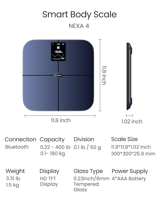 Smart Scale for Body Weight, BMI, Body Fat, Muscle Mass, 3.4" TFT Color Display Digital Bathroom Scale, 25 Body Composition Analysis, Sync App, Bluetooth, 400 lbs - Nexa 4