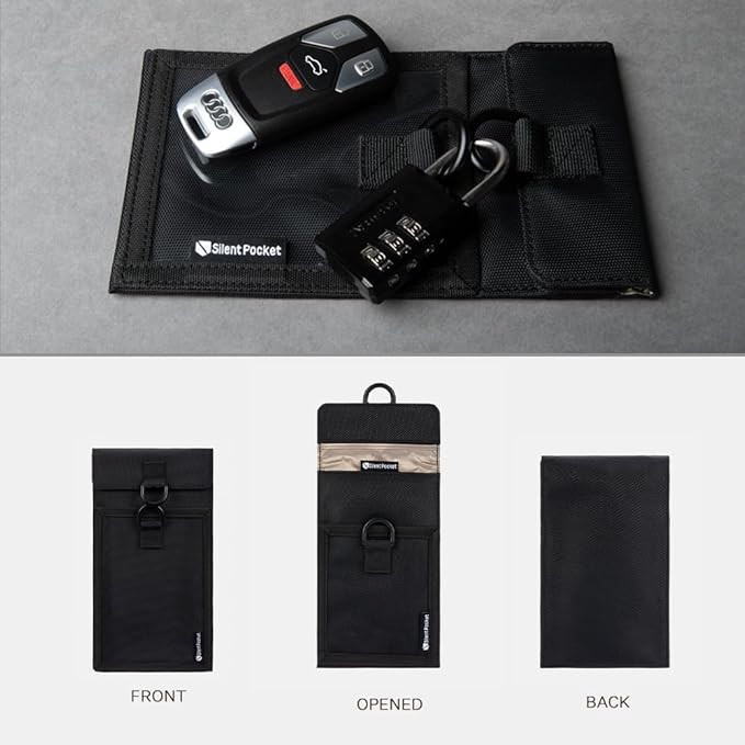 Silent Pocket SLNT Lock Out Tag Out Locking Cell Phone Faraday Sleeve w Weatherproof Nylon, Loto Signal Blocking Device Shielding for Phones, Keyfobs, Wallets - Privacy Anti-Hacking (Black, Small)