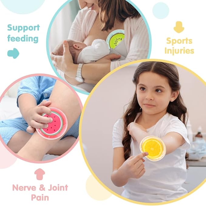 Hilph Kid Ice Packs, Reusable Boo Boo Ice Packs for Kids & Toddlers & Baby Injuries, Hot Cold Compress for Body Pain Relief, Bumps & Bruises, Toothache, Fever, 4.5 Inch, 3 Packs, Fruit