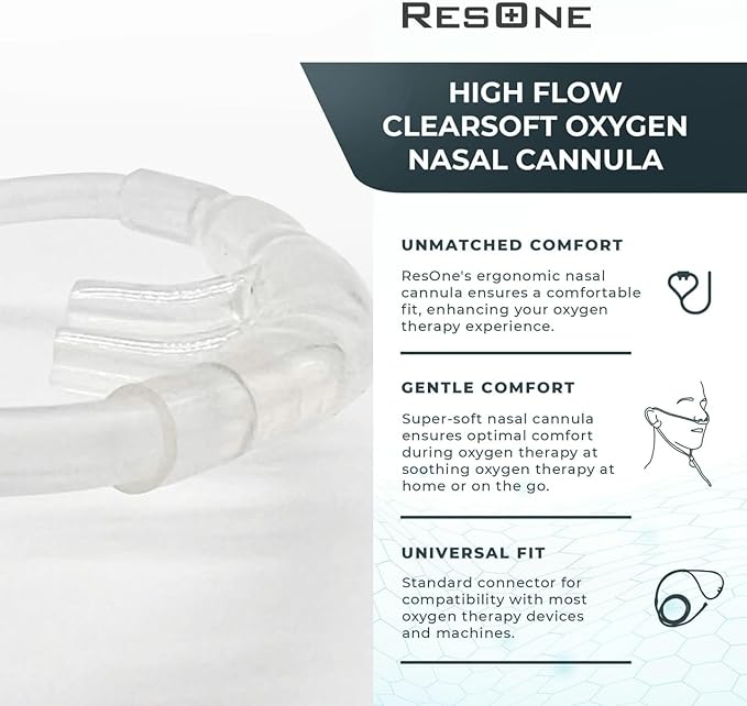 ResOne 25Ft High Flow Adult Oxygen Nasal Cannula 1-Pack - Soft Curved Prongs, Crush-Resistant Tubing - Oxygen Concentrator Supplies - Soft Curved Nose Piece, Standard Size, 15 LPM