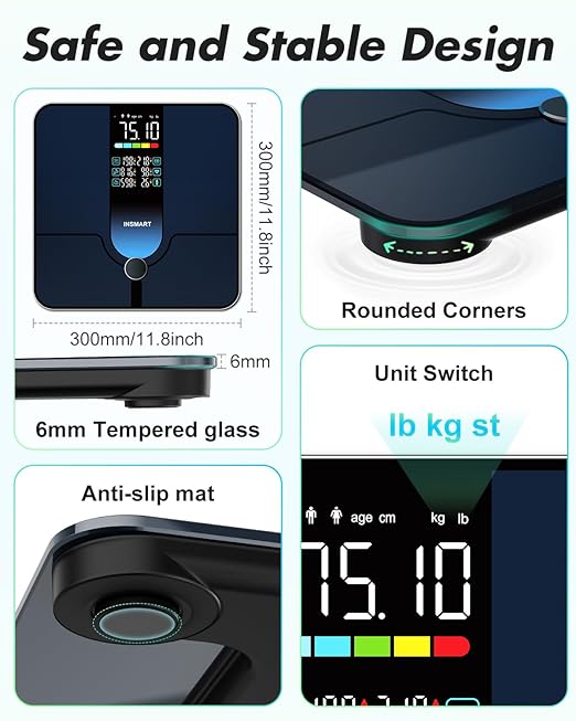 INSMART Smart Scale for Body Weight, Large Display Body Fat Scale, Accurate Weight Scale Digital Bluetooth Bathroom Scale for BMI Heart Rate, 25 Body Composition Analyzer with Fitness APP Sync, 500lbs