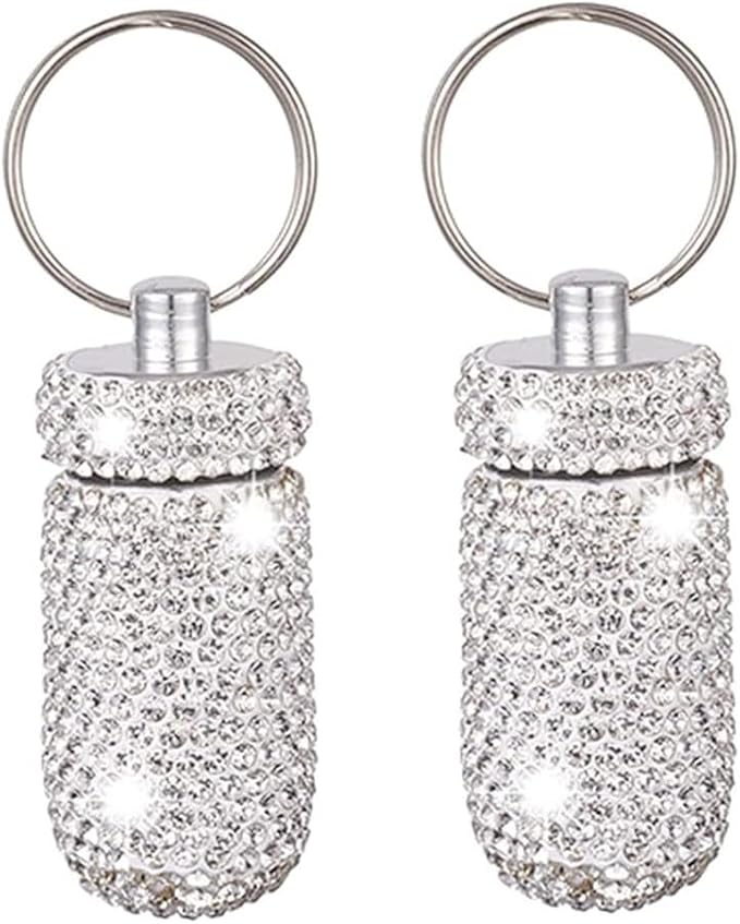 2 Pcs Pill Holder Keychain, Bling Aluminum Medicine Holder Pill Container Mini Size Waterproof and Light Weight Portable Pill Bottle Case (White 2Pcs)