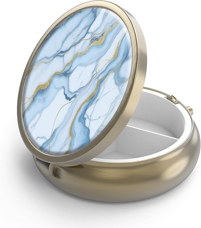 Pill Case Pill Box with Mirror Retro 3 Compartment Small Pill Case for Purse or Pocket Bronze Small Roud Pill Box or Vitamins, Fish Oil, Supplements, Pill Containe Travel Gifts（ White Blue Marble）