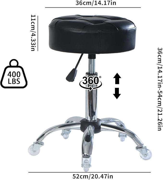 ACEQLYT® Round Rolling Stool with Wheels, Heavy Duty 400lb, Height Adjustable Swivel Drafting Stool for Shop, Salon, Home, Office, Tatoo, Medical, Massage (Black)