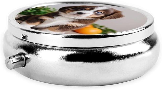 ZhongGuo Cute Dog Printed Pill Organizer,Round Travel Pill Organizer Mini Medicine Pill Box for Purse Iron Plating