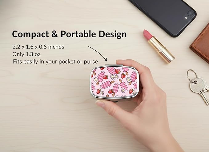 Ice Cream Pill Box 2 Compartment Small Pill Case,Portable for Pocket or Purse Pill Organizer Pill Container Holder with Mirror to Hold Vitamins, Medication, Fish Oil and Supplements