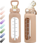 SIEROZUR 32 oz Glass Water Bottle with Straw and Handle 1 Liter Glass Water Bottle with Silicone Sleeve and Time Marker Sports Water Jug Wide Mouth for Travel Gym