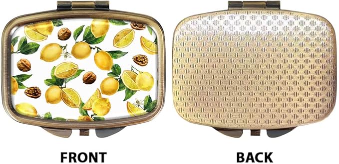 WIRESTER Rectangle Pill Box, 2 Compartment Retro Pill Case with Mirror, Medicine Tablet Vitamin Holder for Pocket Purse Travel - Lemon Leaf Walnuts