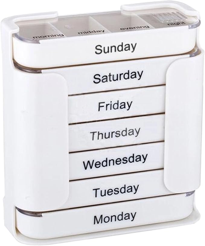 Stay on Track - 7-Day Medication Organizer, Weekly Pill Organizer, 7 Stackable Compartments Four Times-a-DayWeekly Individual Medicine Pill Boxes Cases Organizers with Large Compartments (White)