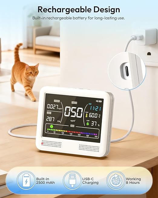 Air Quality Monitor Indoor, 16 in 1 Air Quality Tester for CO2 Monitor, TVOC, PM1.0 PM2.5 PM10, HCHO Temperature Humidity & Time, AQI Monitor with Alerts for Home (PureWhite)
