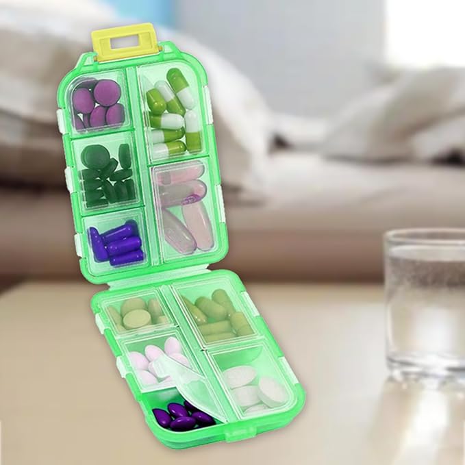 Travel Pill Organizer Portable Pocket Pill Case Small Pill Box for Purse Medicine Organizer Have 10 Compartments Storage Vitamin Fish Oil by INVODA (Green)