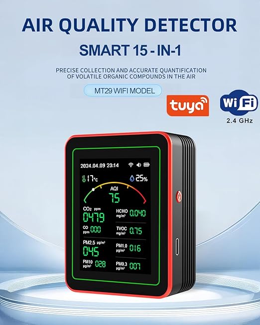 WiFi Air Quality Monitor,15-in-1 Smart Air Quality Tester with PM, CO2, CO, TVOC, HCHO, PM, AQI, Temperature & Humidity, Timer, Battery Powered, for Home & Office，Compatible Tuya/Smart Life App