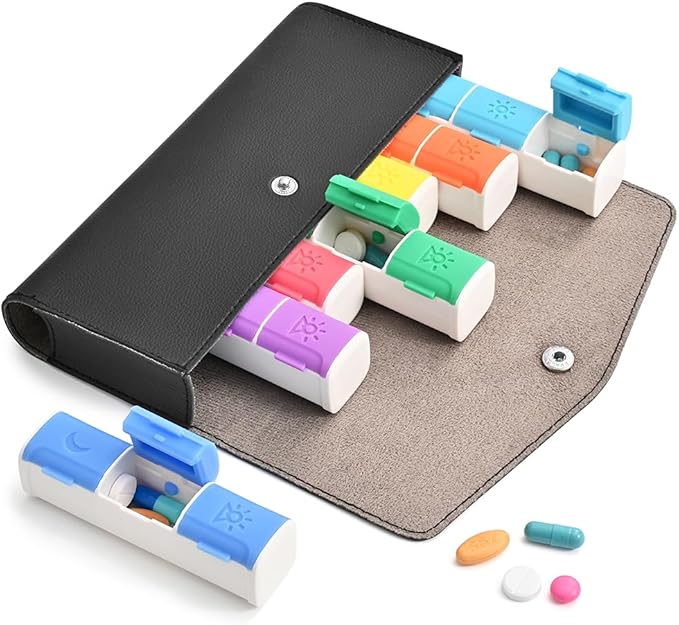 Weekly Pill Organizer, 7-Day Medicine Box, 2-3-4 Times Daily, Black Leather Travel Case (3 Compartment)