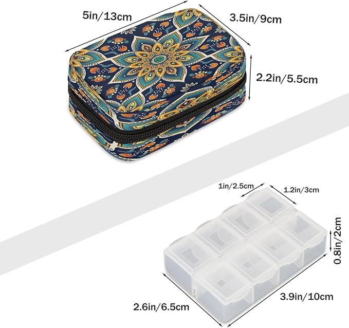 Indian Mandala Ethnic Pill Case Travel Pill Organizer Weekly 7 Day Portable with Zipper Medicine Box Pill Case for Vitamins, Birth Control,Fish Oils,Medication, Supplements