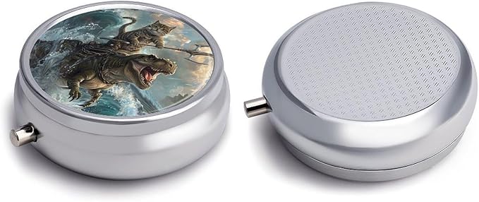 Pill Box-3 Compartment Small Pill Case, Portable Round Pill Box for Pocket or Purse, Decorative Metal Medicine Vitamin Organizer. (The Fighting Cat)