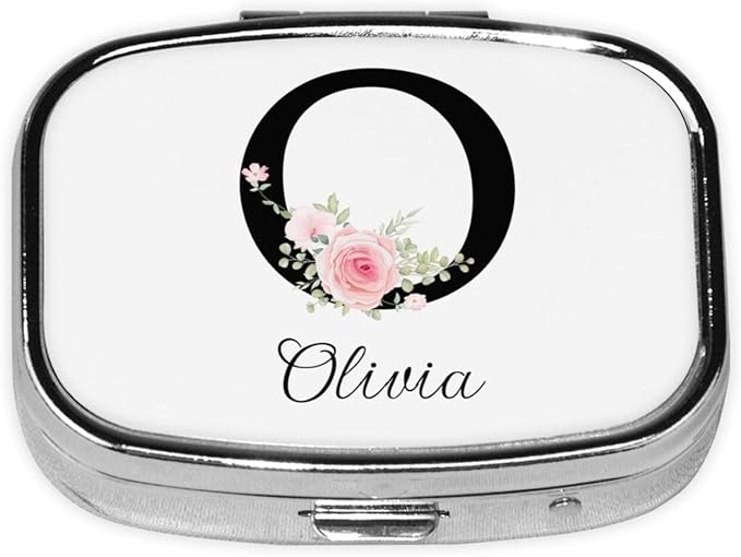 Custom Pill Box Personalized Square Small Pill Case with Mirror Add Your Photo Text Logo Name Decorative 2 Compartment Portable Metal Medicine Container Vitamin Organizer for Pocket Purse Travel (O)