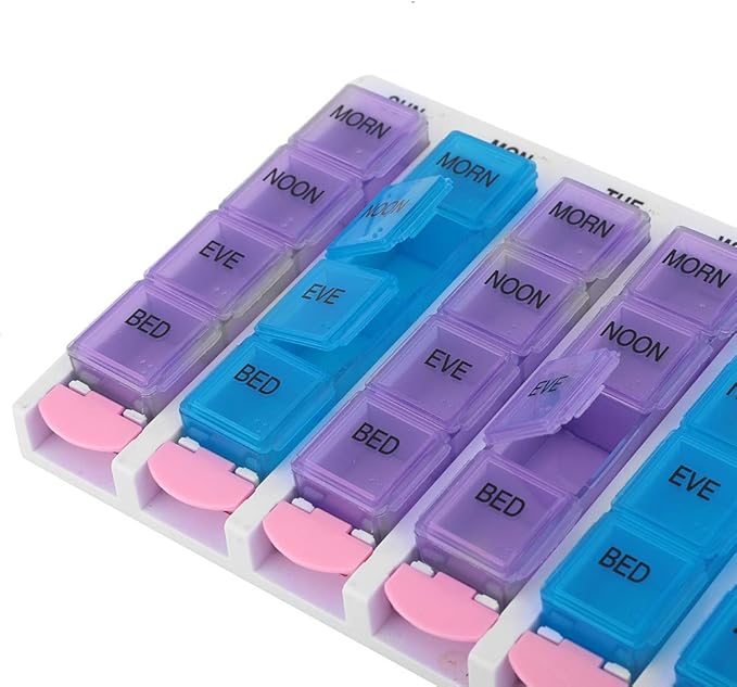 7 Days, Organiser, 7 Days 4 Times a Day 28 Compartments Organizer with Push Button (Blue)