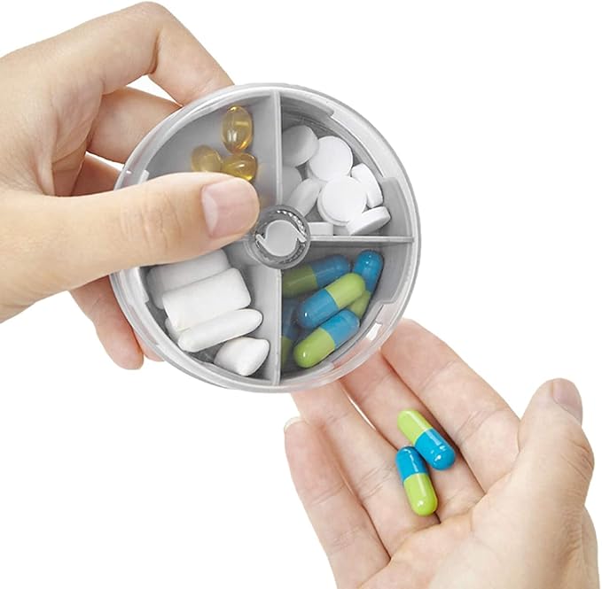 2PCS Pill Organizer 2 Packs Portable Travel Pill Box Round Rotatable Pill Case 4 Large Compartments Medicine Organizer for Vitamin Fish Oil Pills Supplements (Grey + White)