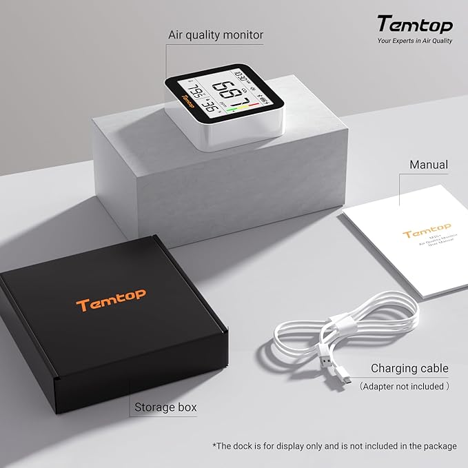 Temtop CO2 Monitor Indoor Air Quality Monitor 3 in 1 CO2 Meter(Temperature, Humidity and CO2), 180 Days Standby Time