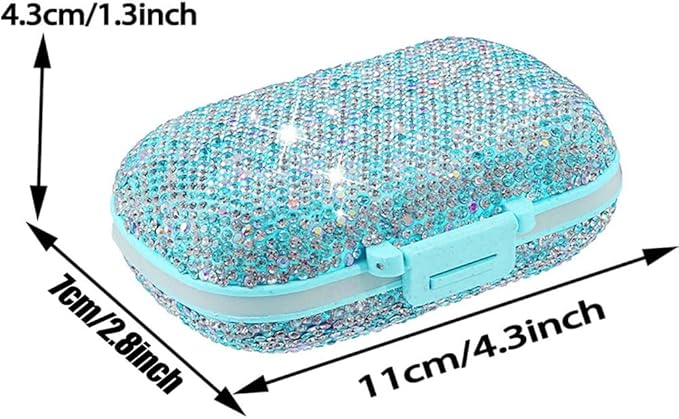 Daily 6 Compartments Pill Box Container Bling Diamond for Purse Medicine Container Holder for Women Travel Kit Medicine (AB Blue)