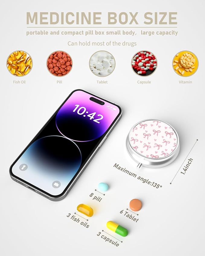 Pill Box, 3 Compartment Portable Travel Medicine Box with Mirror, Compact and Cute, Fits in Purse and Pocket, Medicine and Vitamin Organizer (Pink Bow)