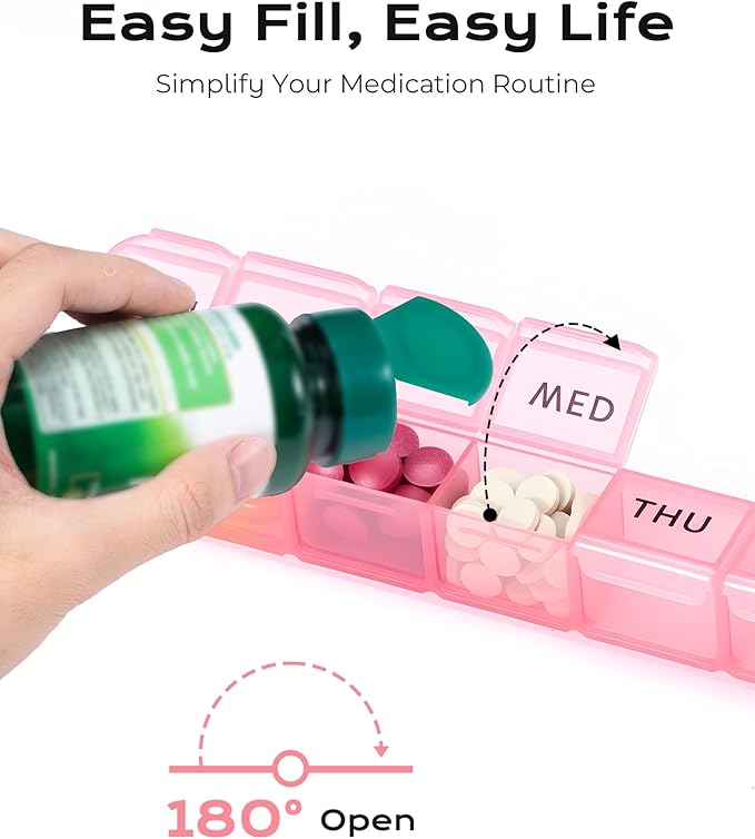 Daviky Weekly Pill Organizer, Large 7 Day Pill Box, Travel Pill Case, Daily Pill Dispenser for Vitamins, Medicines, Supplements, and Fish Oil(Pink)