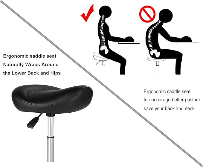 Kaleurrier Ergonomic Rolling Swivel Saddle Stool with Wheels,Hydraulic Pneumatic Lifting Height Adjustable Lightweight Chair for Clinic Hair Salon Massage Lab Kitchen Home Office (Black, Without Back)
