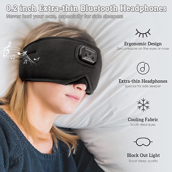 Sleepals Sleep Headphone Eye Mask with White Noise, 35H Battery Life, Built-in Speakers for Side Sleepers, 100% Light Blocking, Wireless Music Streaming (Black 3D)