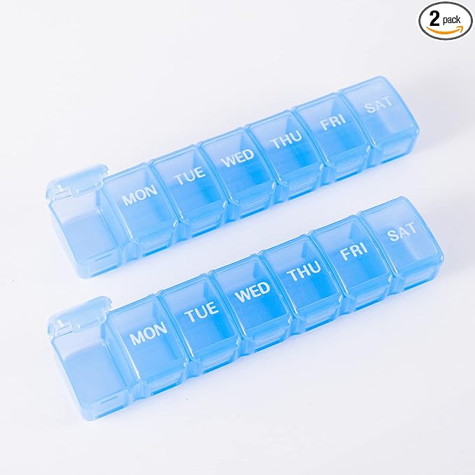 2 PCS Weekly (7-Day) Daily Pill Case, Medicine Planner, Vitamin Organizer, Supplement Container Box, Small Compartments, Convenient and Easy to Use, Travel Friendly, Color May Vary, BPA Free (Blue)