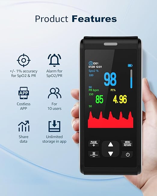 Pulse Oximeter Fingertip Handheld Pulse Oximeter With Continuous Monitor Blood Oxygen Saturation Monitor for Adults Rechargeable Monitor Oxygen Meter For SpO2/PR/PI