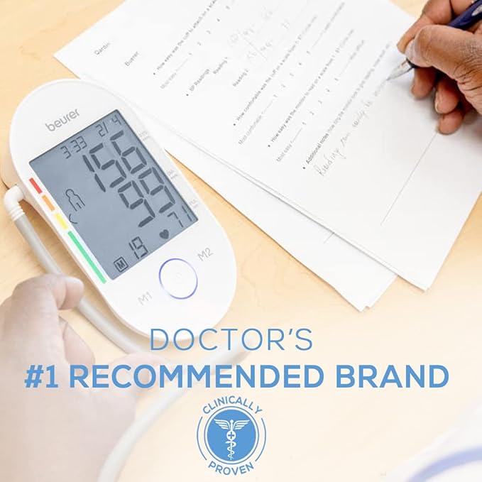 Beurer BM55 Blood Pressure Machine – XL Backlit Display, Arrhythmia Alarm, Portable Storage Kit, 2 Users, Automatic Blood Pressure Cuff, Resting Indicator – Blood Pressure Monitor Batteries Included