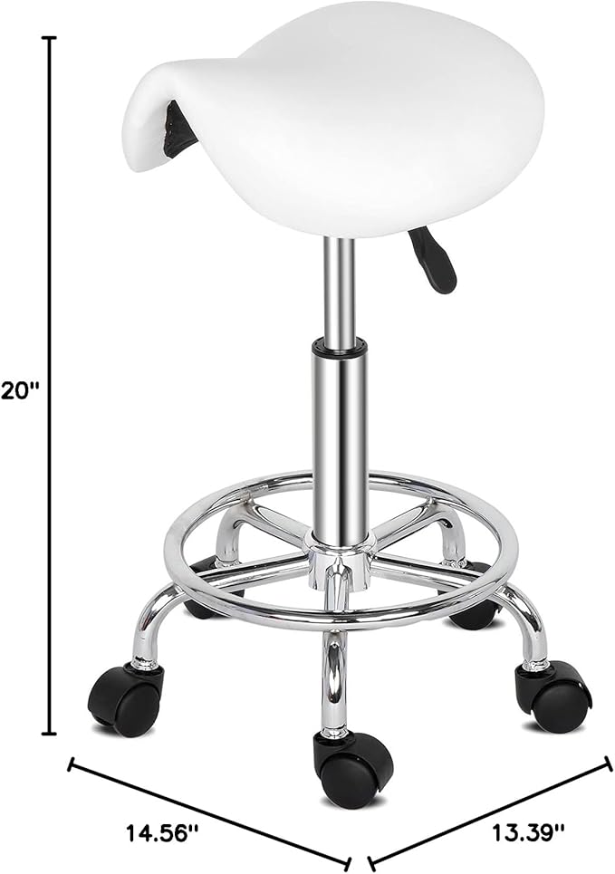 Modern Rolling Saddle Seat Stool Chair,PU Leather Swivel Adjustable Rolling Stools,Ergonomic Swivel Salon Spa Barstools,Office Drafting Chairs,with Wheels,for Home, Kitchen, Medical, Lab (White)