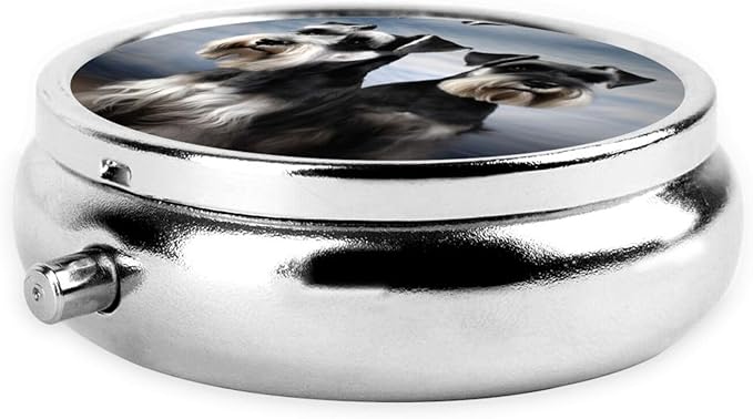 Pill Box 3 Compartment Medicine Pill Organizer Animal Schnauzer Dog Round Pill Case for Purse & Pocket Travel Pillbox Portable Metal Medicine Vitamin Fish Oil Organizer Unique Gift