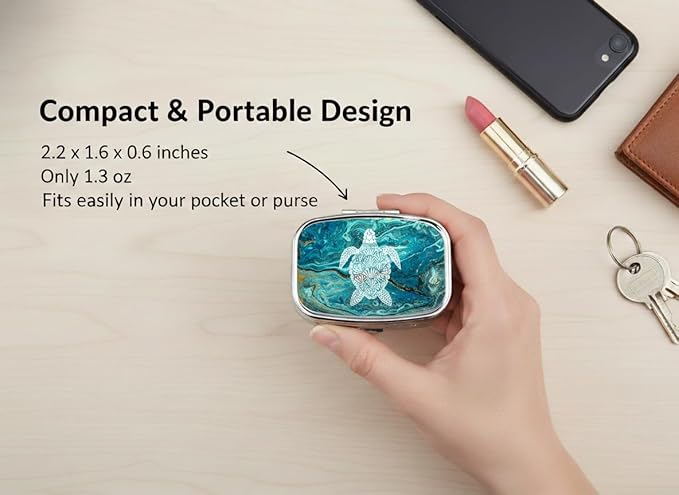 Sea Turtle Pill Box 2 Compartment Small Pill Case,Portable for Pocket or Purse Pill Organizer Pill Container Holder with Mirror to Hold Vitamins, Medication, Fish Oil and Supplements