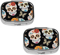 2 Pcs Square Pill Box with 2 Compartment Small Pill Organizer Portable Pill Case Vitamin Containers, Travel Essentials 2.2 x 1.6 x 0.7 inches - Sugar Skulls