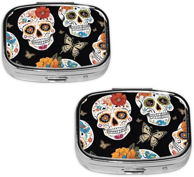 2 Pcs Square Pill Box with 2 Compartment Small Pill Organizer Portable Pill Case Vitamin Containers, Travel Essentials 2.2 x 1.6 x 0.7 inches - Sugar Skulls