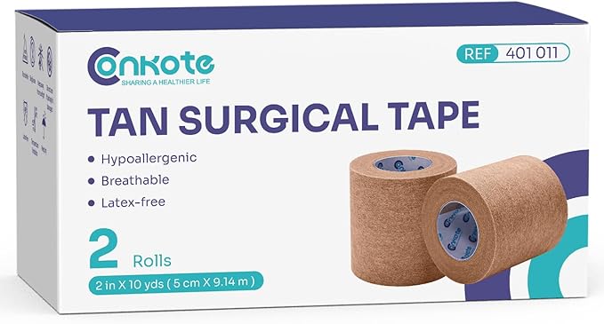 Conkote Tan Paper Surgical Tape 2" x 10 Yards, Hypoallergenic Medical Tape, 2 Rolls