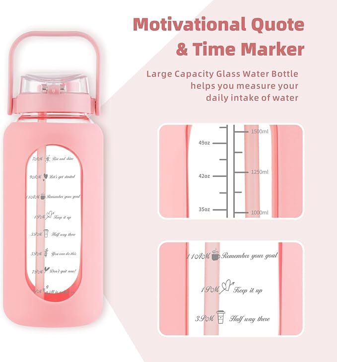 Glass Water Bottle with Straw and Handle Lid Half Gallon Motivational Glass Bottle with Silicone Sleeve and Time Marker Large Reusable Sports Water Jug for Gym Home Workout