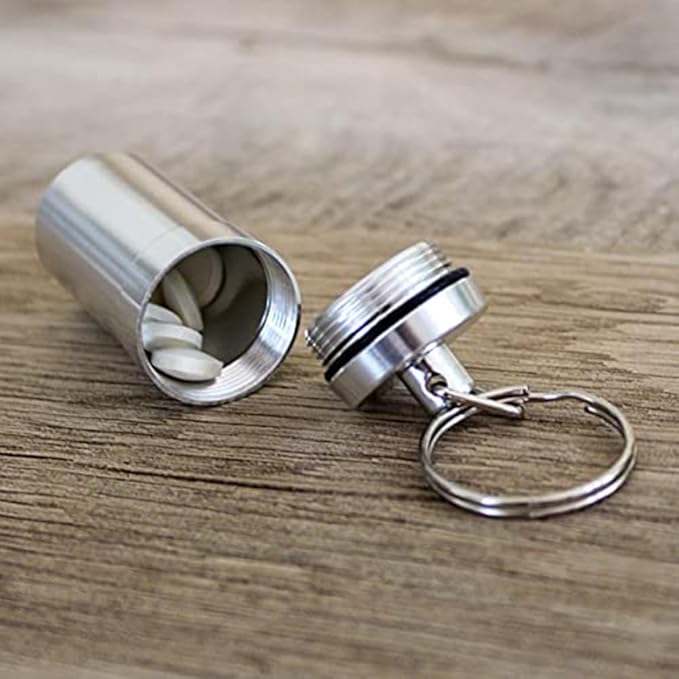 EZY DOSE Keychain Pill Box and Medicine, Vitamin Container, Safe for Money & Travel Items, Metal Canister, Medium Compartments, Various, BPA Free